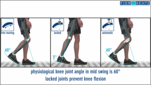 Comparison of the function of a KAFO orthosis in the side view, each with a freely movable, locked and automatic knee joint with stance phases controlled sco in the middle swing phase
