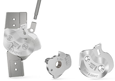 Immagine accessori per funzione alternativa articolazione per ginocchio modulare NEURO FLEX MAX con funzione di blocco. Limitazione dell’angolo massimo nella flessione del ginocchio a intervalli di 10° sostituendo il disco dell'arresto di flessione e la piastra di copertura e possibilità di limatura dell’arresto e sostituzione dell’arresto di estensione.